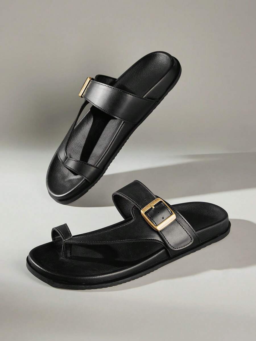 Solecia Spring And Summer New Single Buckle Toe Design Open Toe Flat Bottom Simple High-End Black Slippers Outer Wear Home Daily Street - Black - View 1