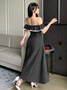 DAZY Đầm nghỉ mát ren chấm bi dành cho nữ, đầm midi dáng chữ A cổ vuông thắt eo kiểu retro. - màu đen - Xem 2