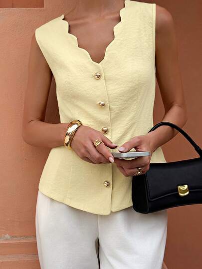 Flora Isola Flora Isola Standard Size Women's Spring/Summer Scalloped Sleeveless Fitted Elegant Commuter Vest Top