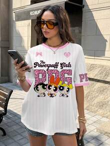 THE POWERPUFF GIRLS X SHEIN Áo thun nữ tay ngắn cổ tròn in chữ và hoạt hình, kiểu dáng thường ngày, thích hợp cho mùa hè. - trắng - Xem 6