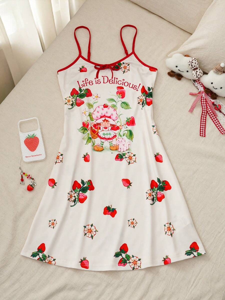 Strawberry Shortcake X SHEIN 女士字母草莓印花吊带睡裙 - 杏色 - 查看 1