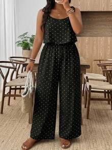 SHEIN Frenchy Bộ áo liền quần cỡ lớn bằng vải dệt chấm bi đen trắng: Kiểu dáng thoải mái, không tay, dây mảnh, dài, chi tiết thắt nút, thích hợp cho mùa hè, kỳ nghỉ, mặc hàng ngày. - Đen và trắng - Xem 1