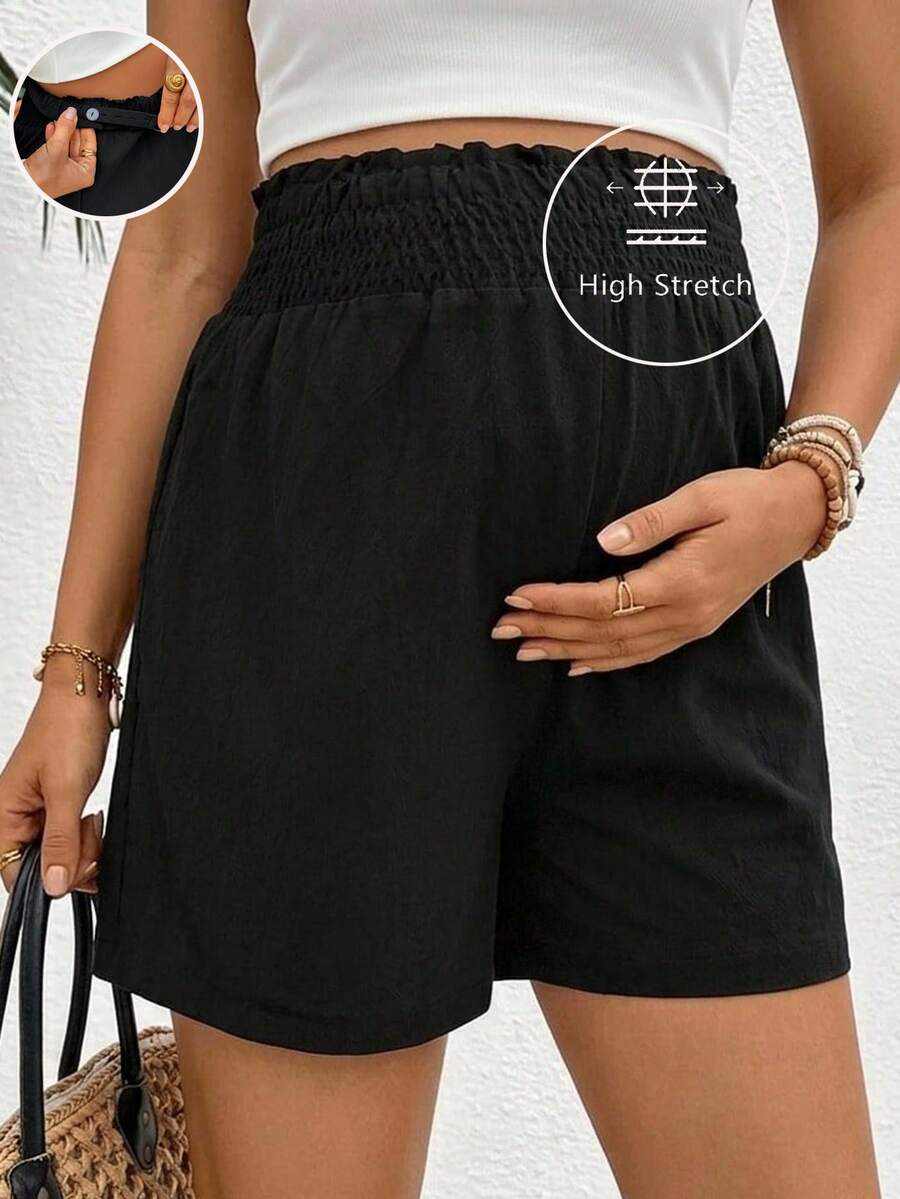 SHEIN Adjustable Waist Casual Shorts For Pregnant Women, Everyday Wear - Black - View 1