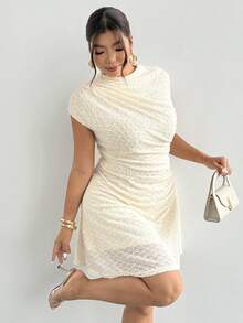Firerie Plus Size White Summer Elegant Silky Stand Collar Sleeveless Ruched Hem Dress, Elastic Ruched Casual Shift Wedding Guest Graduation For Women Fall - Apricot - View 7