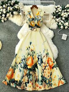 Franclia Đầm nữ thanh lịch kiểu dáng nghỉ dưỡng, cổ áo in họa tiết, thắt eo. - Màu vàng - Xem 3
