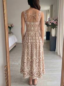 Modelyn Đầm midi chữ A không tay, dệt kim, in kỹ thuật số, thắt eo, dành cho nữ, thanh lịch và lãng mạn, thích hợp cho mùa xuân/hè. - Nhiều màu - Xem 2