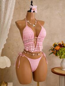 Bellisia 2 pezzi Set bikini con canottiera da donna, bikini con bordo in rete, costumi da bagno estivi - Rosa - Visualizzare 3