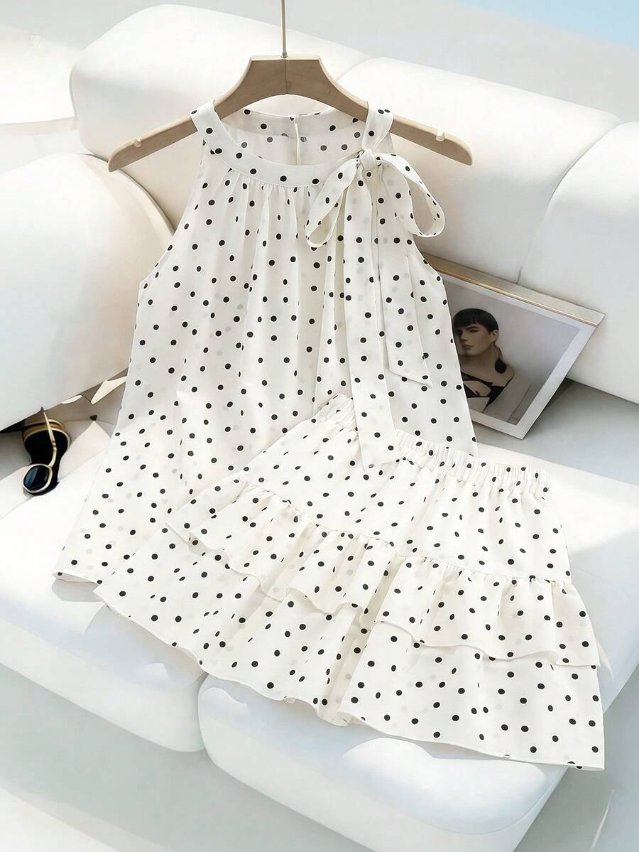 Franclia Bộ đồ nữ hai mảnh thường ngày, trang phục chấm bi đen trắng thanh lịch, đồ đi nghỉ mát/du lịch, đồ đi làm mùa xuân/hè, bộ đồ đi biển. - Đen và trắng - Xem 1