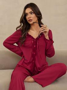 HautHeat Women's Lace Patchwork Tie-Up Single-Breasted Long Sleeve Top And Pants Casual Loungewear Set - Burgundy - View 6