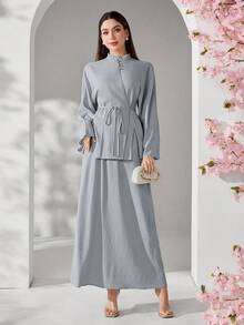 Al Najma 女士纯色纽扣设计长袖衬衫和中长裙优雅两件套 - 藍色 - 查看 5