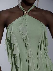 Elitara Elegant Green High-Stretch Knit Mesh Metal Decor Tie Neck Multilayer Ruffle Jellyfish Tail Evening Gown,Women's Dress For Wedding,Party & Vacation - Grass Green - View 4