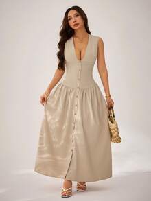 SHEIN PETITE Đầm nữ thanh lịch, tối giản màu kaki giả vải lanh, cổ chữ V, không tay, thắt eo, đầm sơ mi cài cúc phía trước, đầm xòe, đầm thường ngày, đầm phong cách retro, đầm tối giản, đầm đi nghỉ mát. - Màu Khaki - Xem 5