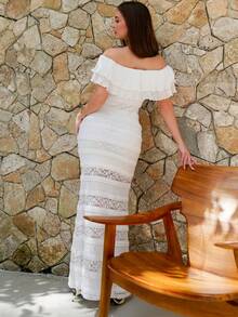 Duda Rubert Women's Knitted Solid Color Lace Off Shoulder Form-Fitting Fish Tail Dress ,For Autumn And Winter White - White - View 2