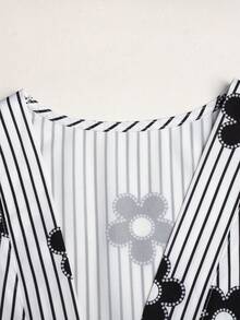 SHEIN 3pcs/Set Tween Girls' Summer Casual Vacation Floral & Striped Print Shirt Set - Black and White - View 4