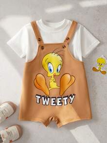 LOONEY TUNES X SHEIN Quần yếm in chữ hoạt hình cho bé trai, kiểu dáng thường ngày, thích hợp mặc hàng ngày. - Nhiều màu - Xem 1