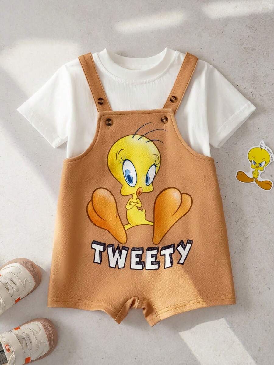 LOONEY TUNES X SHEIN Quần yếm in chữ hoạt hình cho bé trai, kiểu dáng thường ngày, thích hợp mặc hàng ngày. - Nhiều màu - Xem 1