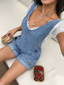 Sunnyshic Bộ áo liền quần denim dây đeo rộng - Rửa nhẹ - Xem 7