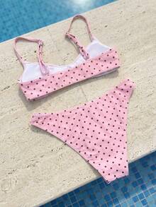 Swim Mod 2pcs/Set Women White Fashionable Cute Beach Golf Outfit, Floral Polka Dot Print Adjustable Spaghetti Strap Bikini Top, Summer Casual Sexy Holiday - Multicolor - View 2