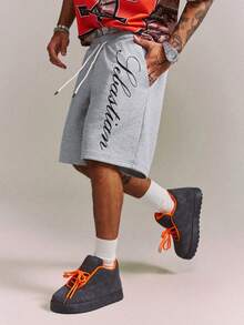 CRAVYNX Men's Dual Waistband Shorts, Versatile Casual Pants With Letter Print, Linen Gray - Grey - View 4