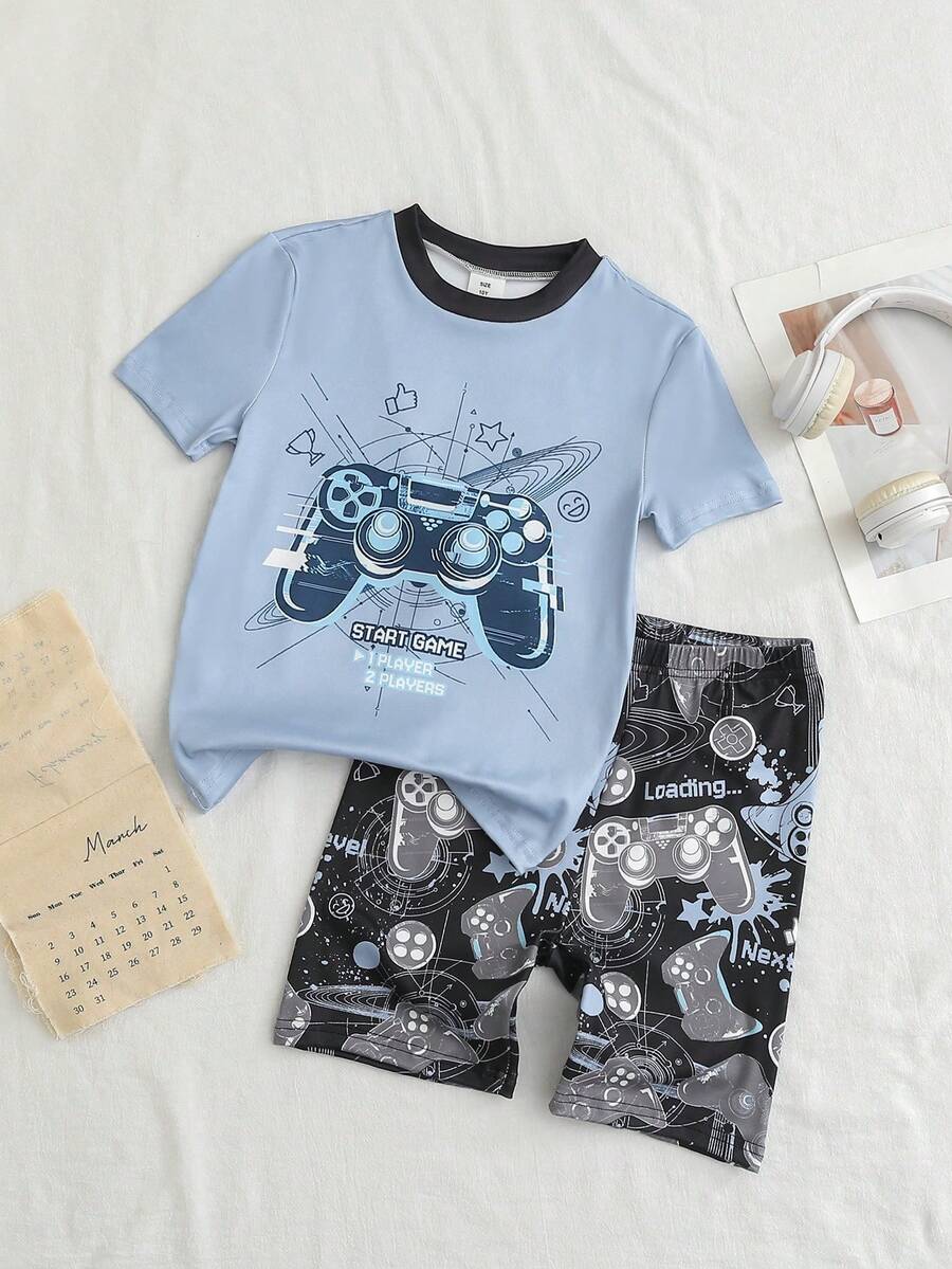 2pcs/Set Boys' Video Game Graphic Round Neck Knit Short Sleeve Top And Shorts Pajama Set, Soft & Breathable Material Suitable For Summer Wear - Multicolor - View 1