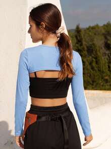 SHEIN BASICS 女士纯色露脐性感修身长袖上衣 - 藍色 - 查看 4