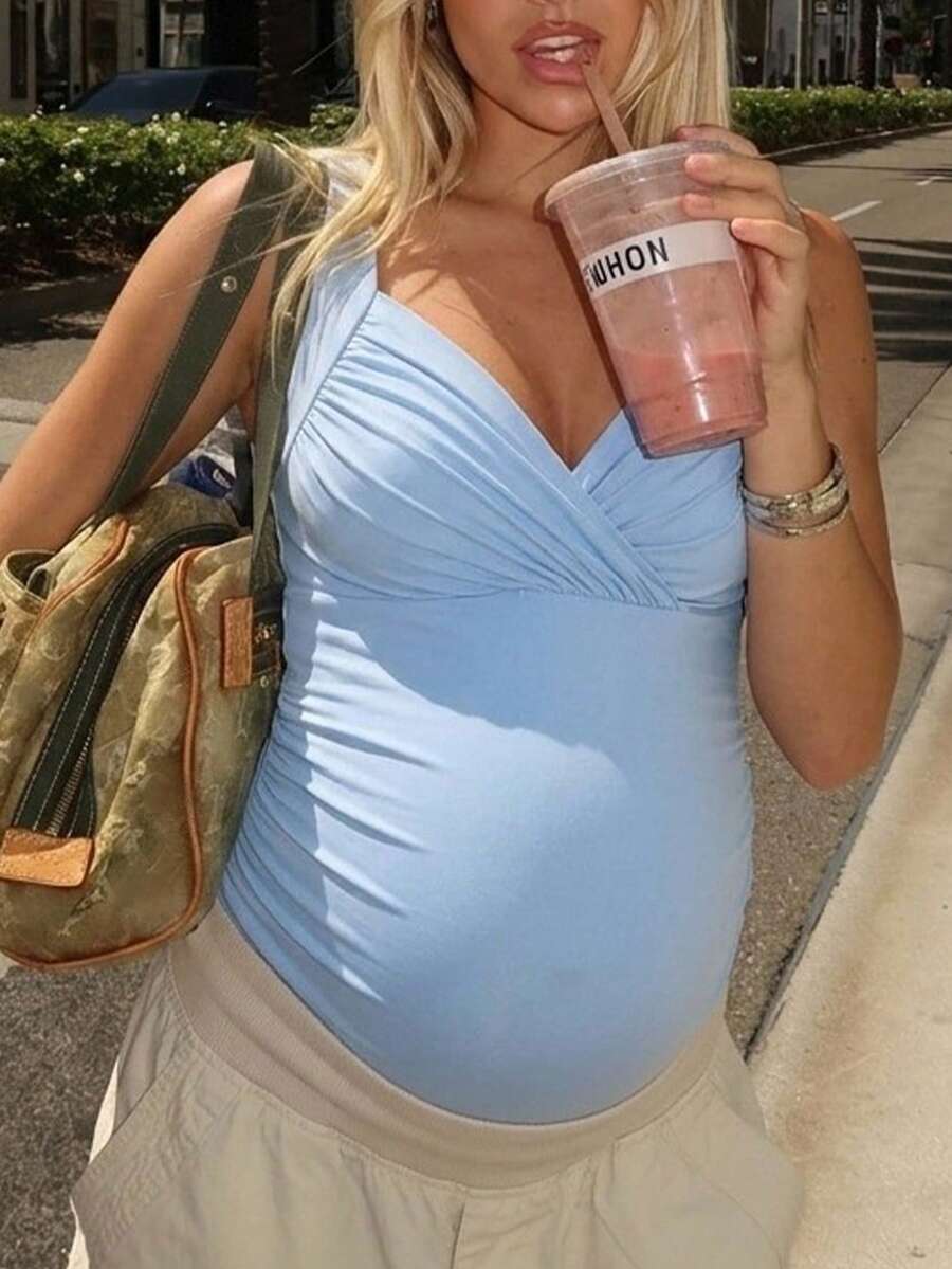 SHEIN 孕妇纯色交叉裹身无袖休闲褶皱夏季吊带衫 - 藍色 - 查看 1
