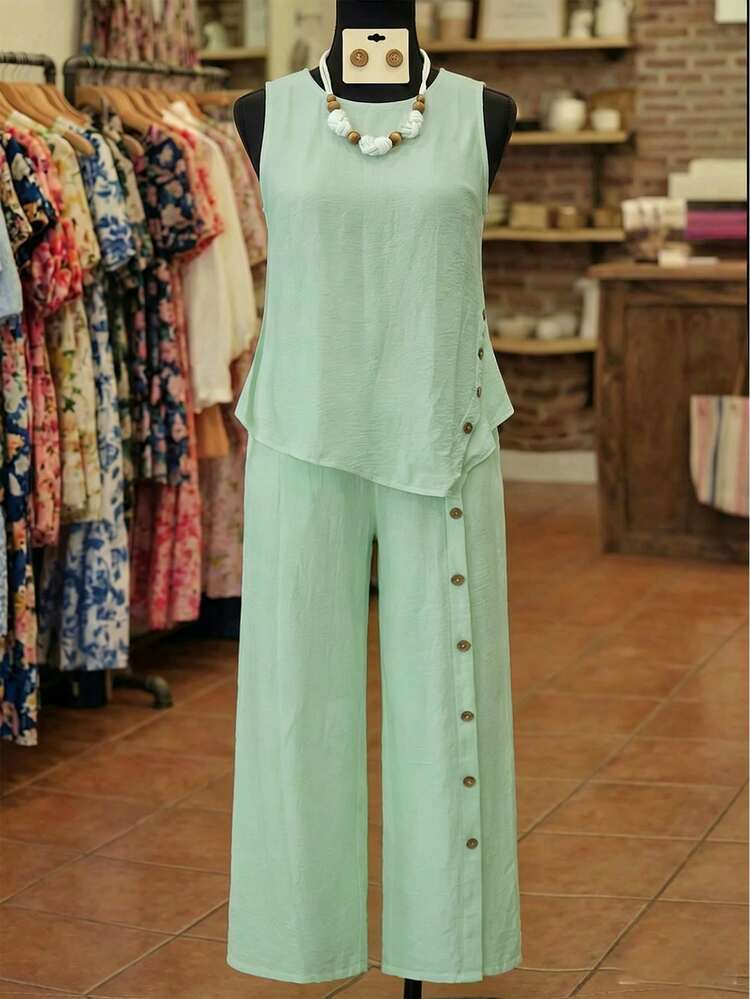 EMERY ROSE Bộ đồ 2 món cỡ lớn, kiểu dáng thường ngày, màu trơn: áo tank top và quần dài. - Màu xanh Bạc hà - Xem 3