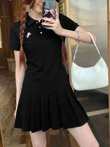 SHEIN Đầm nữ tuổi teen màu đen cổ polo thêu họa tiết, xếp ly, kiểu dáng đồng phục học sinh. - màu đen - Xem 5
