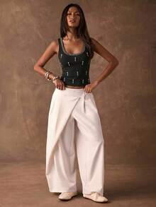 SHEIN BAE Top sin mangas de mujer con escote redondo y espalda de tirantes, con aplicaciones de strass negras - Básico elástico apto para todas las estaciones, de estilo callejero y elegante, perfecto para el trabajo, ir al trabajo, conciertos de verano, raves, festivales de música, actividades deportivas - Multicolor - Ver 5