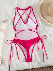 SHEIN Swim 2025 纯色露背吊带连体泳衣，适合度假和海滩夏季 - 紅色 - 查看 2