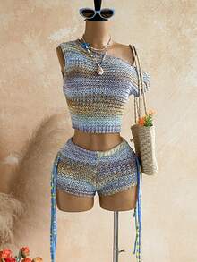 Soleia Women's Vacation Solid Color Asymmetric Neck Knit Top And Fringe Design Knit Shorts 2 Pieces Set - Multicolor - View 7