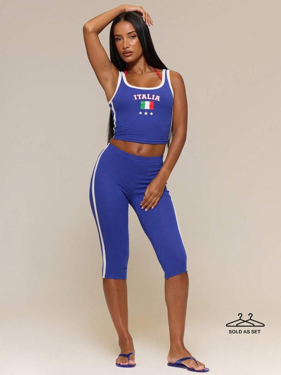 MUSERA Conjunto de top ajustado con estampado gráfico de Italia y pantalones capri, para primavera y verano, festival, Copa Mundial de Fútbol, Italia, lindo y sexy, casual - Azul - Ver 1