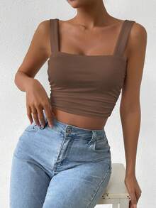 SHEIN Women's Summer Solid Color Slim Fit Cropped Cami Top - Coffee Brown - View 3