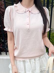 FRIFUL Women's Early Summer/Autumn New Korean Solid Color Peter Pan Collar Short Sleeve Lightweight Knit Top Cute Tops - Apricot - View 3
