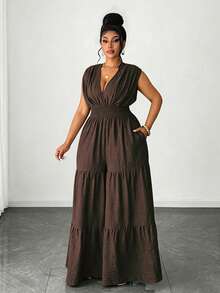 Maweii Bộ jumpsuit nữ cỡ lớn thanh lịch, chất liệu giả denim, thiết kế xếp ly chéo eo có dây rút, nơ sau lưng, viền bèo nhiều lớp, kiểu dáng đa năng, phù hợp cho tiệc tùng, hẹn hò, những dịp lãng mạn, dạo phố thời trang, kỳ nghỉ, bãi biển, lễ hội âm nhạc, phong cách thời trang. - màu nâu - Xem 6