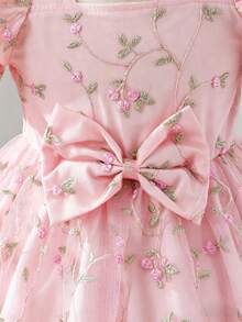 SHEIN Glamorique Kids 女婴幼儿0-3岁春夏优雅公主风网纱碎花泡泡袖杏色连衣裙 - 粉色 - 查看 8