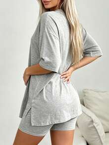 INAWLY Solva Women's Solid Color Short Sleeve Top And Shorts Casual Daily Outfit - Grey - View 3