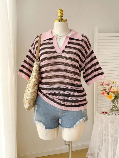 Comfortcana Plus Size Women's Fashion Casual Minimalist Striped Colorblock Hollow Collar Pullover Short Sleeve Sweater Top, Spring/Summer