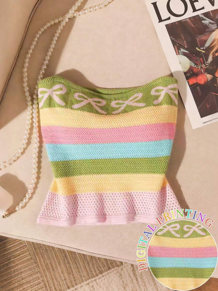 SHEIN 女士无肩带上衣 / 彩虹条纹撞色设计 / 蝴蝶结图案 / 甜美可爱风格 / 时尚休闲百搭 / 送她的礼物 / 节日礼物 / 2026 春夏新款女士无肩带上衣 - 彩色 - 查看 1