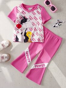 LOONEY TUNES X SHEIN Bộ đồ thường ngày cho bé gái gồm áo thun in chữ và quần ống loe. - Hồng - Xem 3