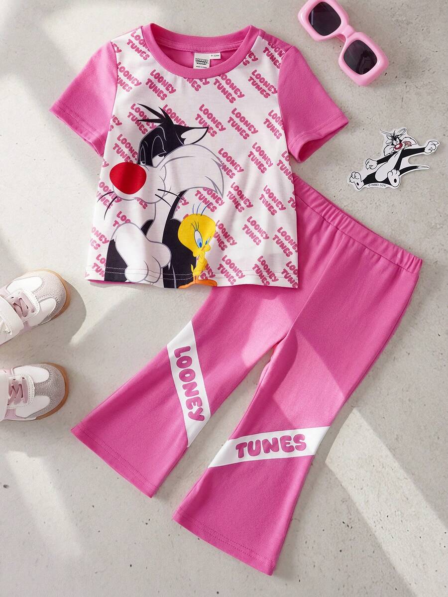 LOONEY TUNES X SHEIN Bộ đồ thường ngày cho bé gái gồm áo thun in chữ và quần ống loe. - Hồng - Xem 1