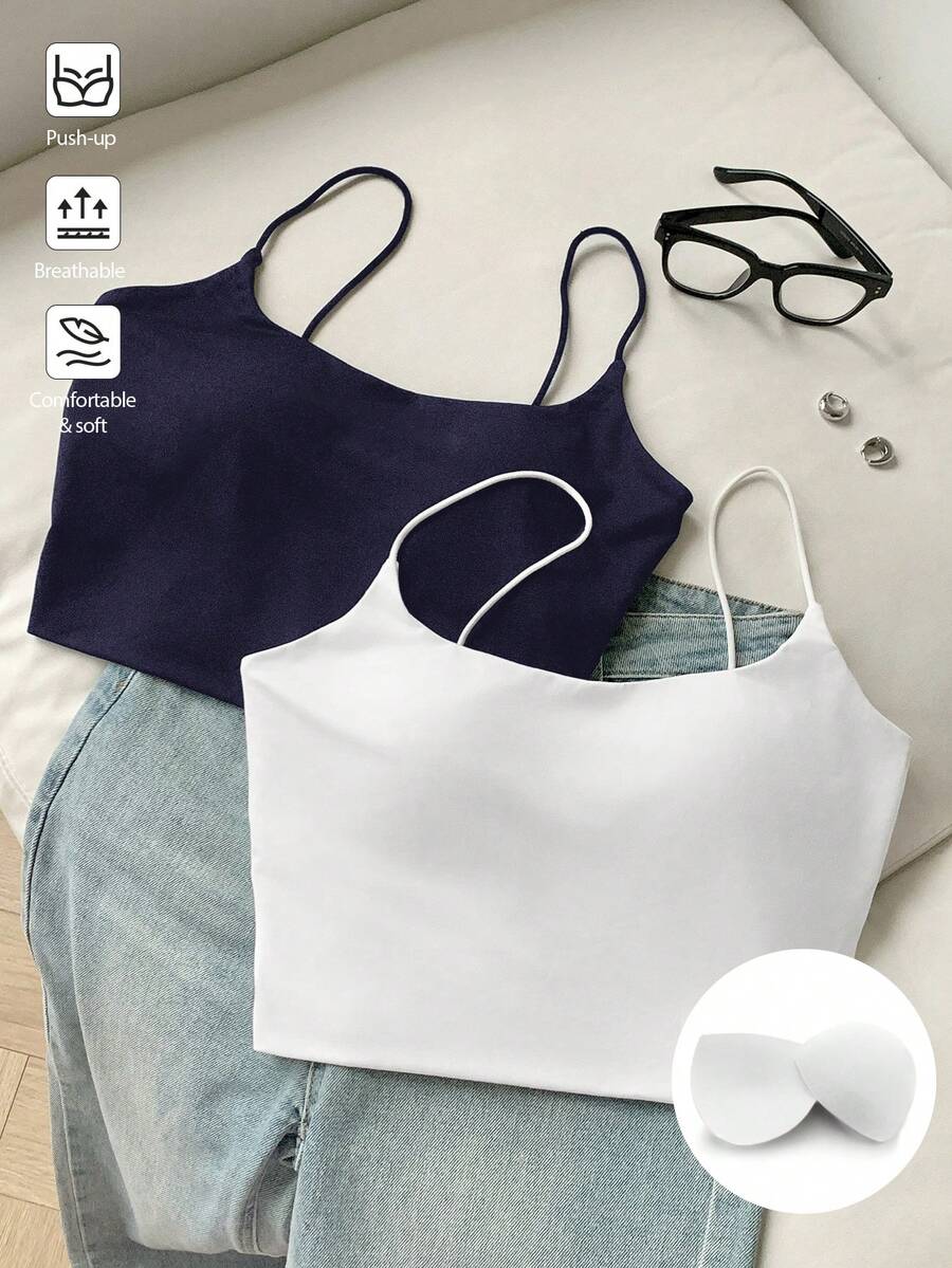 Comfortcana Bộ 2 áo hai dây lửng không đường may dành cho nữ, kiểu dáng thường ngày, thích hợp cho mùa hè/thu. - Nhiều màu - Xem 1