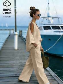 EMERY ROSE Women's Off-Shoulder V-Neck Blouse And Cotton Pants 2 Pieces Set - Apricot - View 3