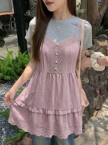 DAZY Camiseta de tirantes con volantes y decoración de botones para mujer - Rosa - Ver 5