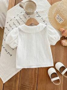 SHEIN LMoss Kids 少女編織素色彼得潘領刺繡休閒襯衫 - 白色 - 查看 2