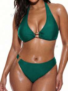 Oceva Plus Size Women Solid Color Accessory Sexy Clubwear Top Paired With Matching Thong Bikini Swimwear Set - Teal Blue - View 3