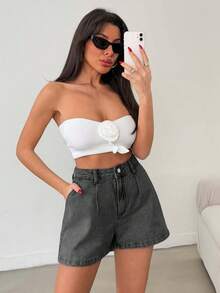 EURMUSE Women's High Waist Pleated Pockets Loose Casual Denim Shorts - Light Grey - View 4