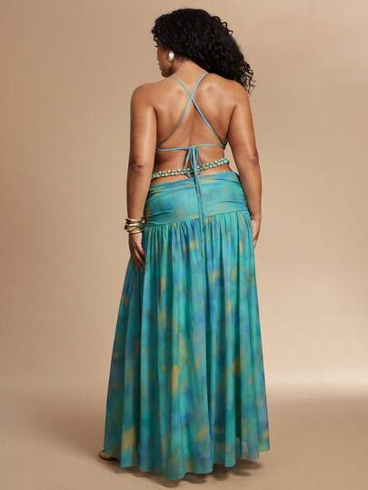 SHEIN BAE Plus Size Avocado Green Printed Y2K Sexy Backless Metal Button Decor Spaghetti Strap Super Short Dress (Beach Party, Carnival Party, Music Festival, Suitable For Beach Vacation, Super Long Printed Dress, Green Long Dress, Pearl Chain Decor Dress, Beach Vacation, Casual Vacation)