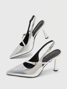 CUCCOO BIZCHIC Women Shoes Silver Metallic Back Strap Shoes, Rhinestone Buckle Decoration, Shining Dinner Party Dating Temperament Pointed Shoes - Silver - View 11