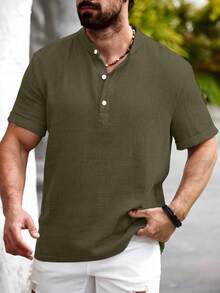 Manfinity Homme Manfinity Nomadique Men's Casual Cotton-Linen Shirt Summer Hengli Collar - Army Green - View 3